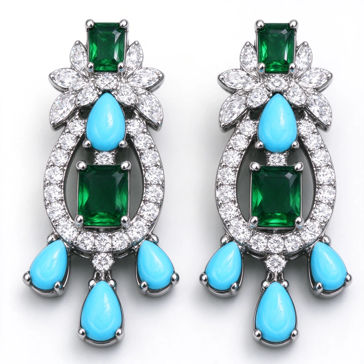 Craftsmanship detail of bridal color gemstone jewelry set prong setting and zircon pave