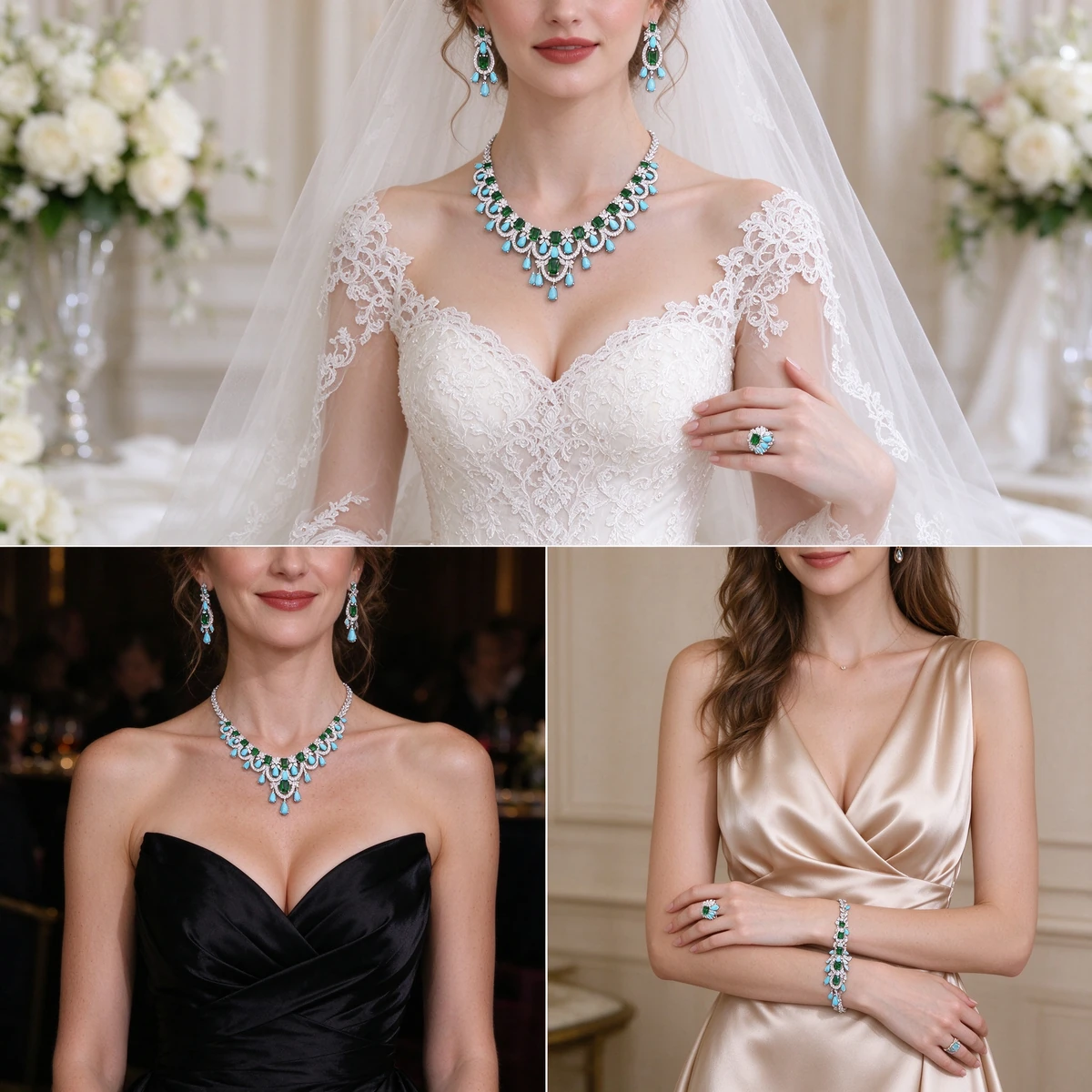 Styling guide for bridal color gemstone jewelry set wedding evening and daily looks