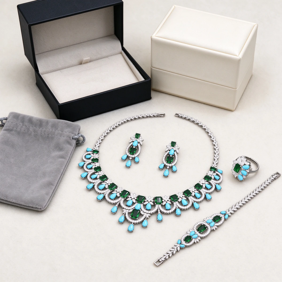 Bridal color gemstone jewelry set packaging with box pouch and velvet bag