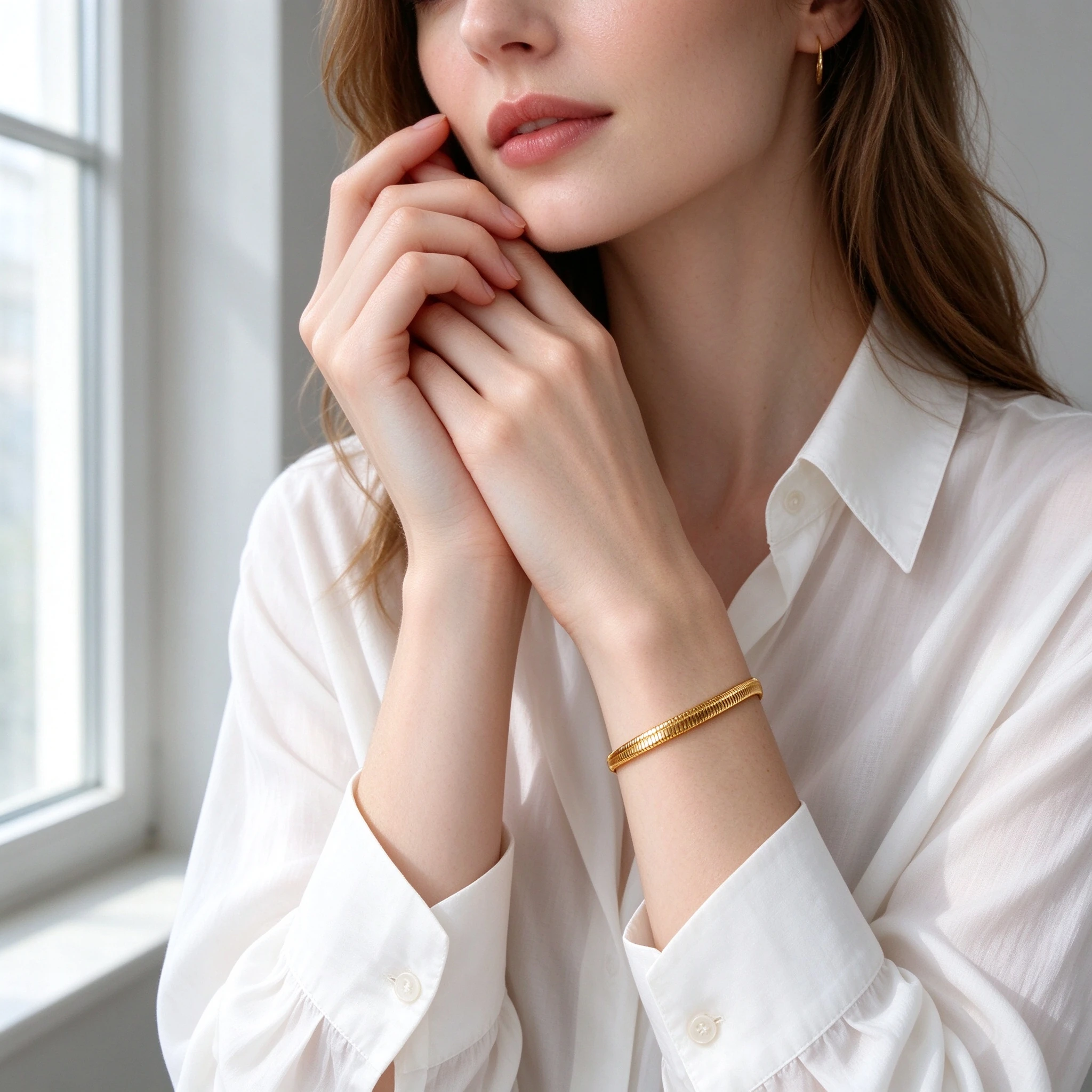 Woman wearing flat snake chain bracelet with white shirt