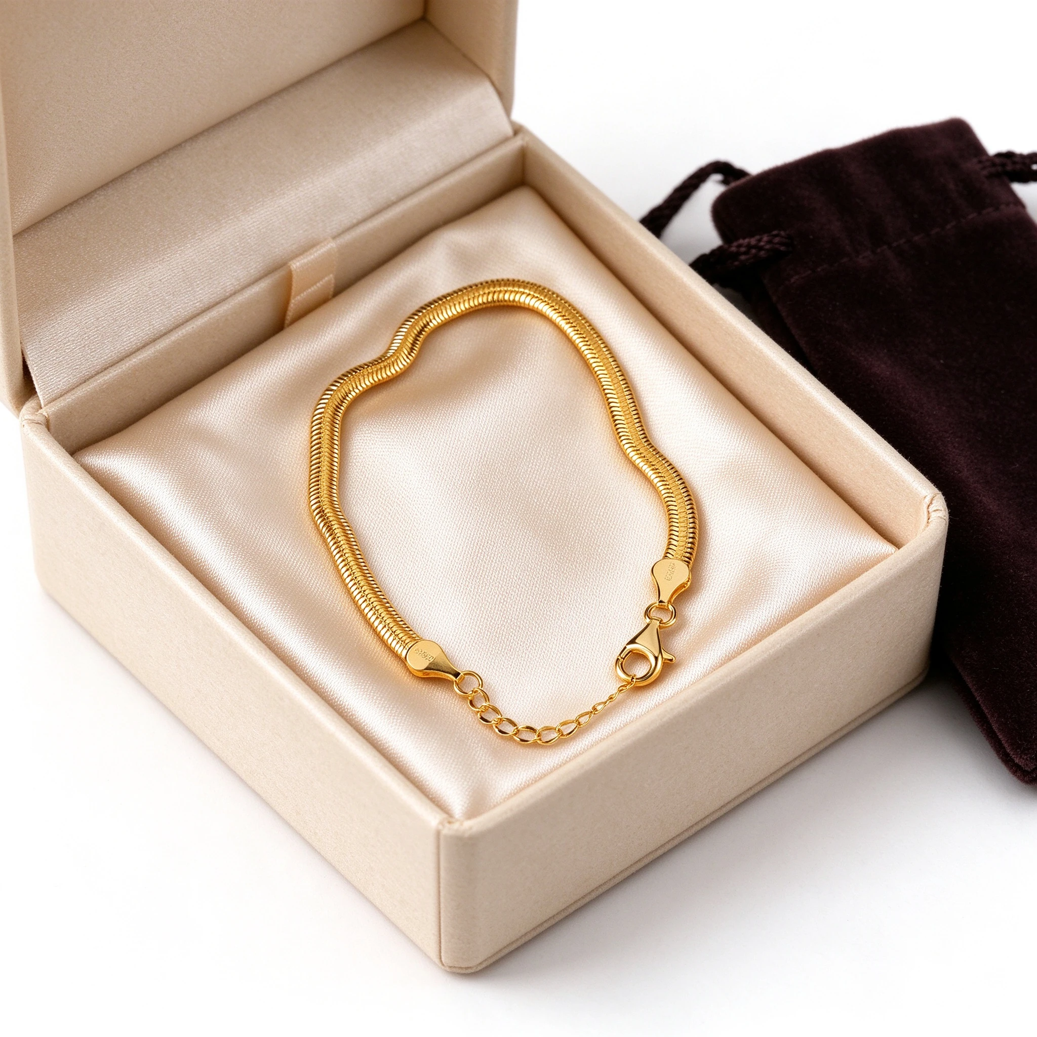 Gift box and velvet pouch for flat snake chain bracelet 925