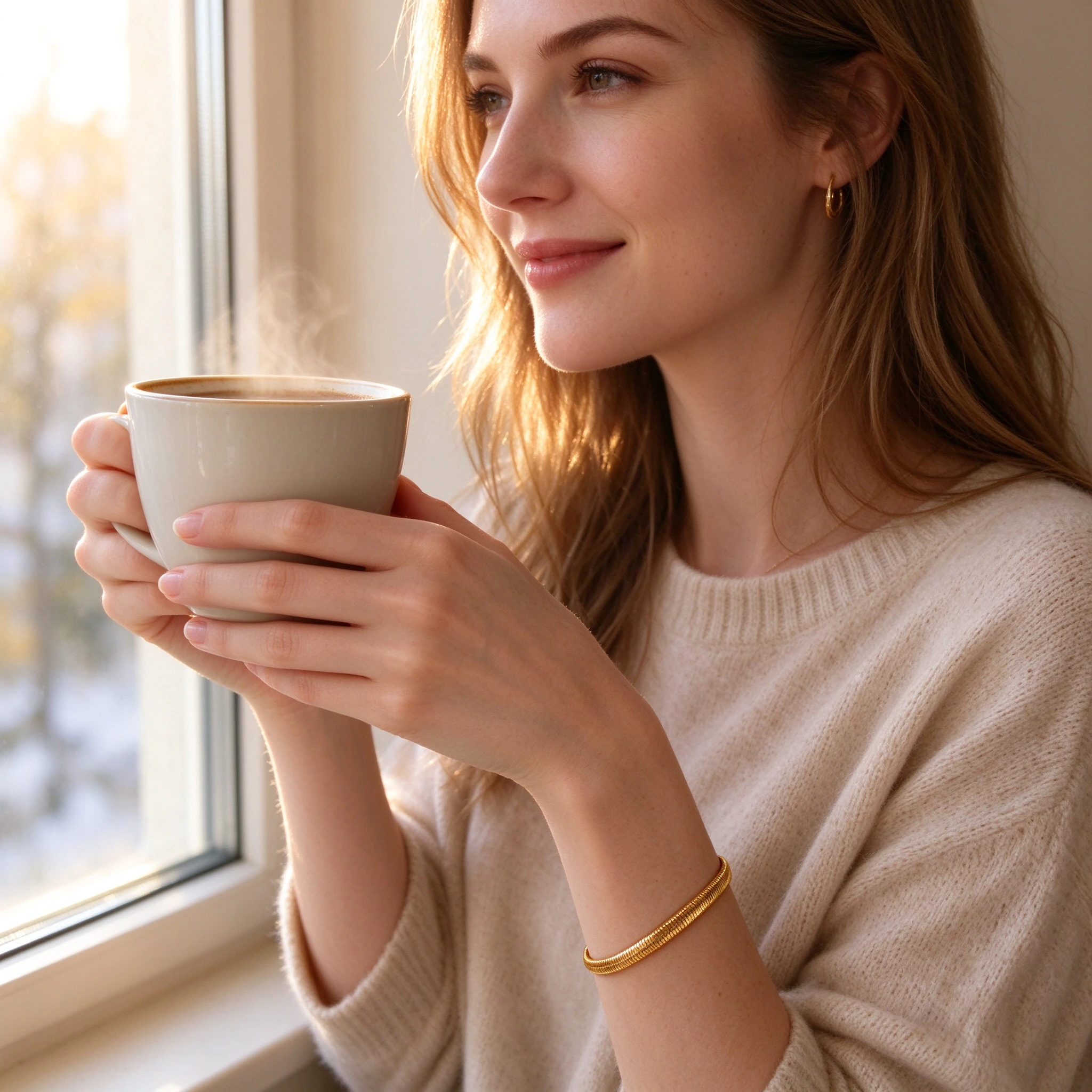 Woman wearing flat snake chain bracelet in soft natural light