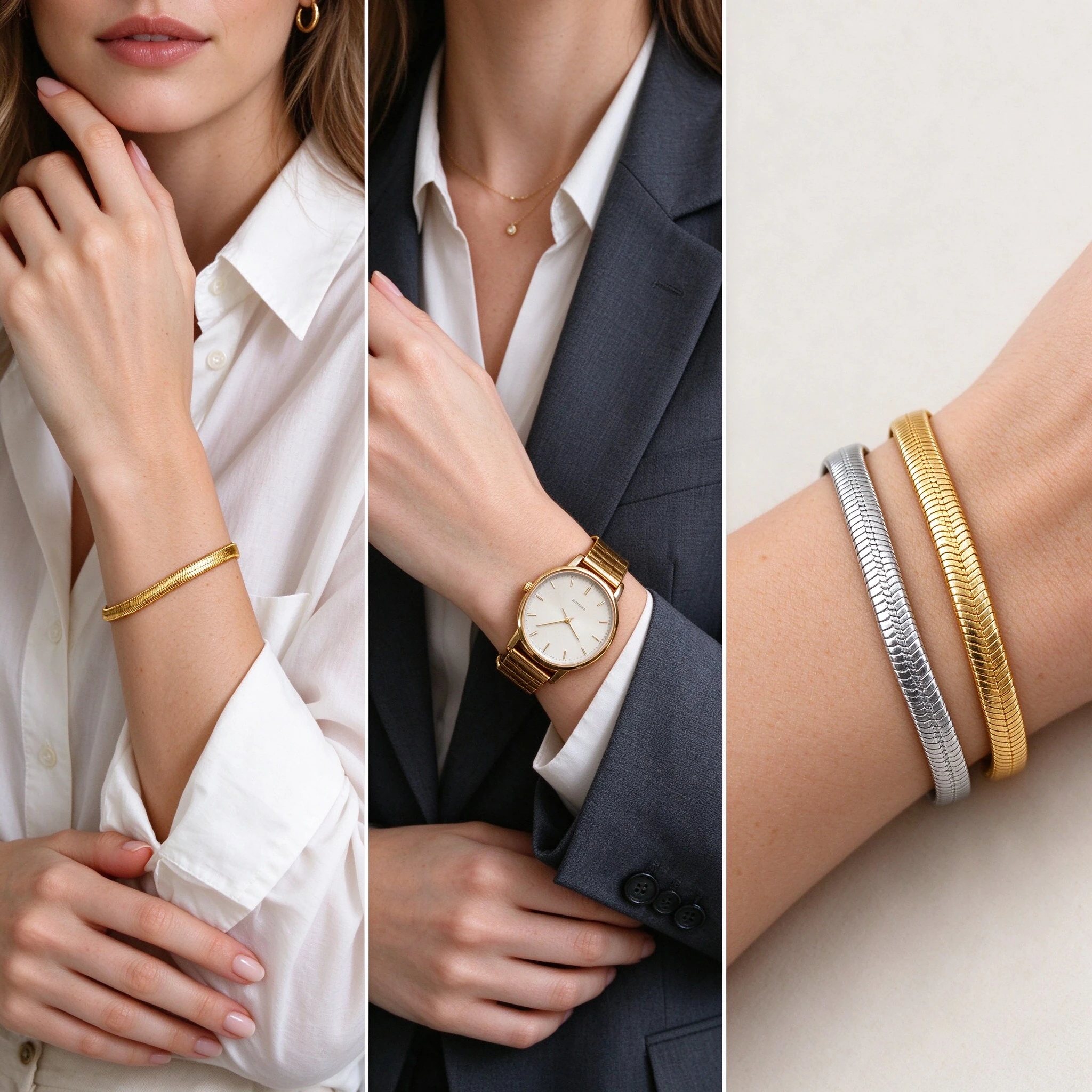 Flat snake chain bracelet styling guide with minimal outfits