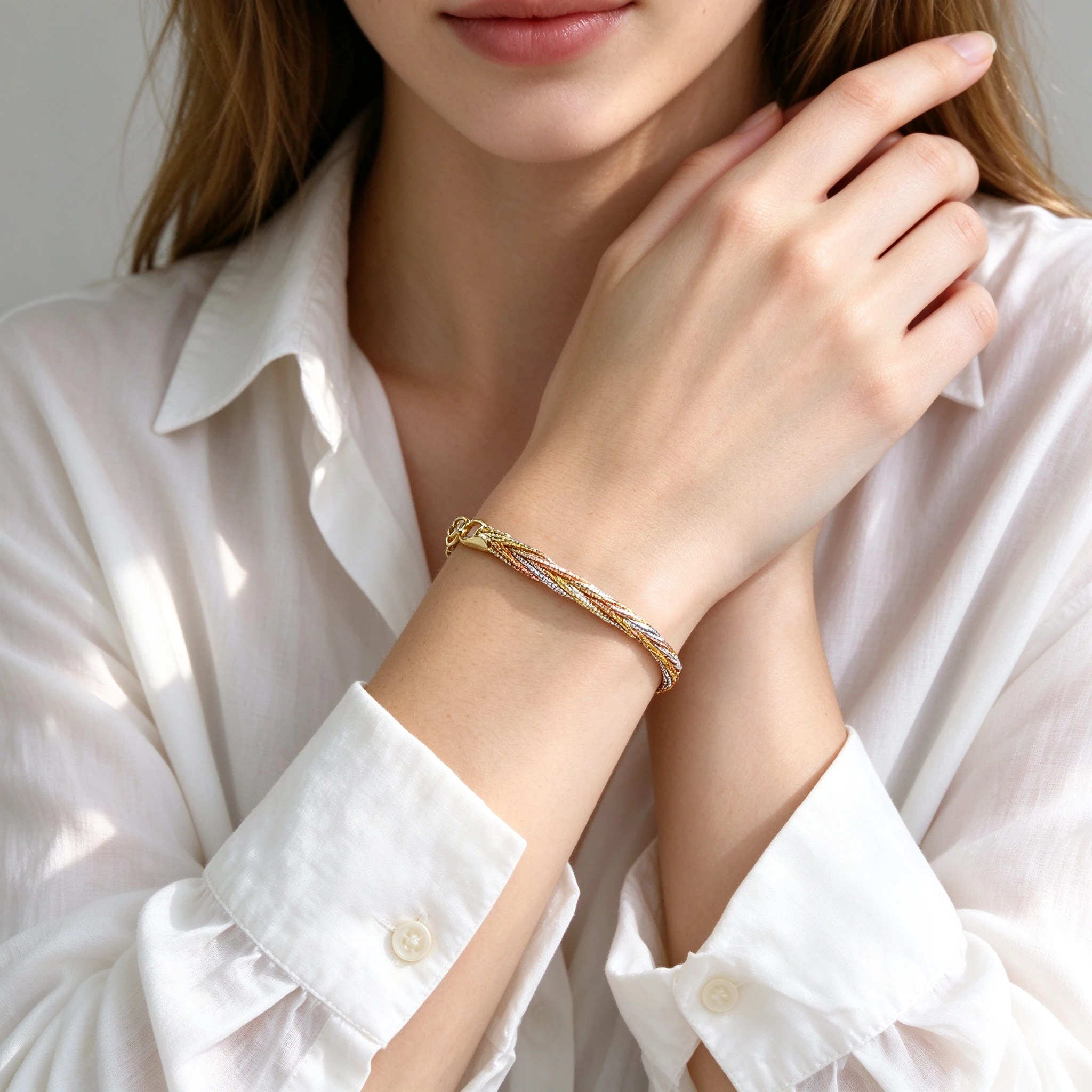 Woman wearing braided silver bangle bracelet 925 sterling silver - braided silver bracelet
