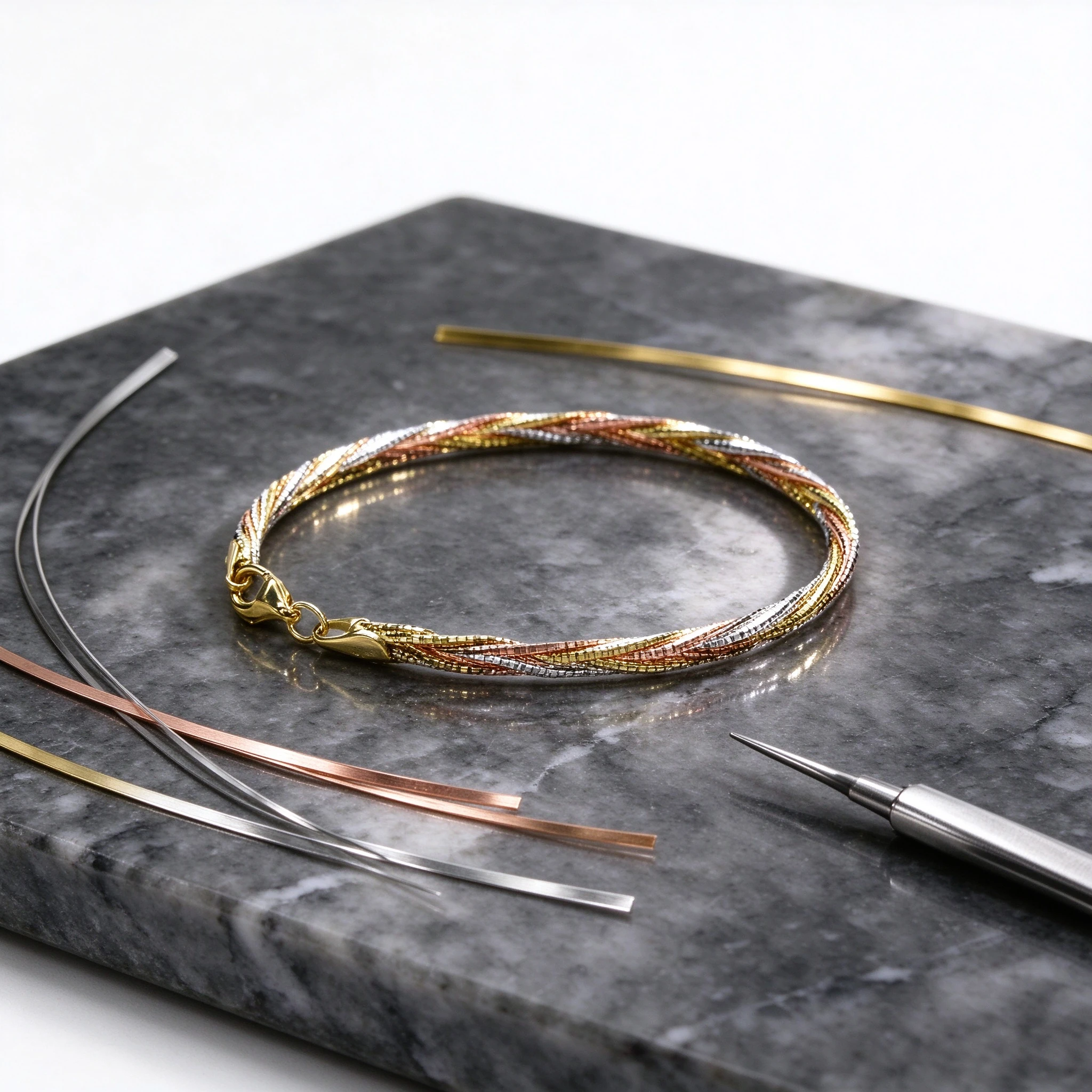 Flat braided silver bracelet design story with five wire strands woven together