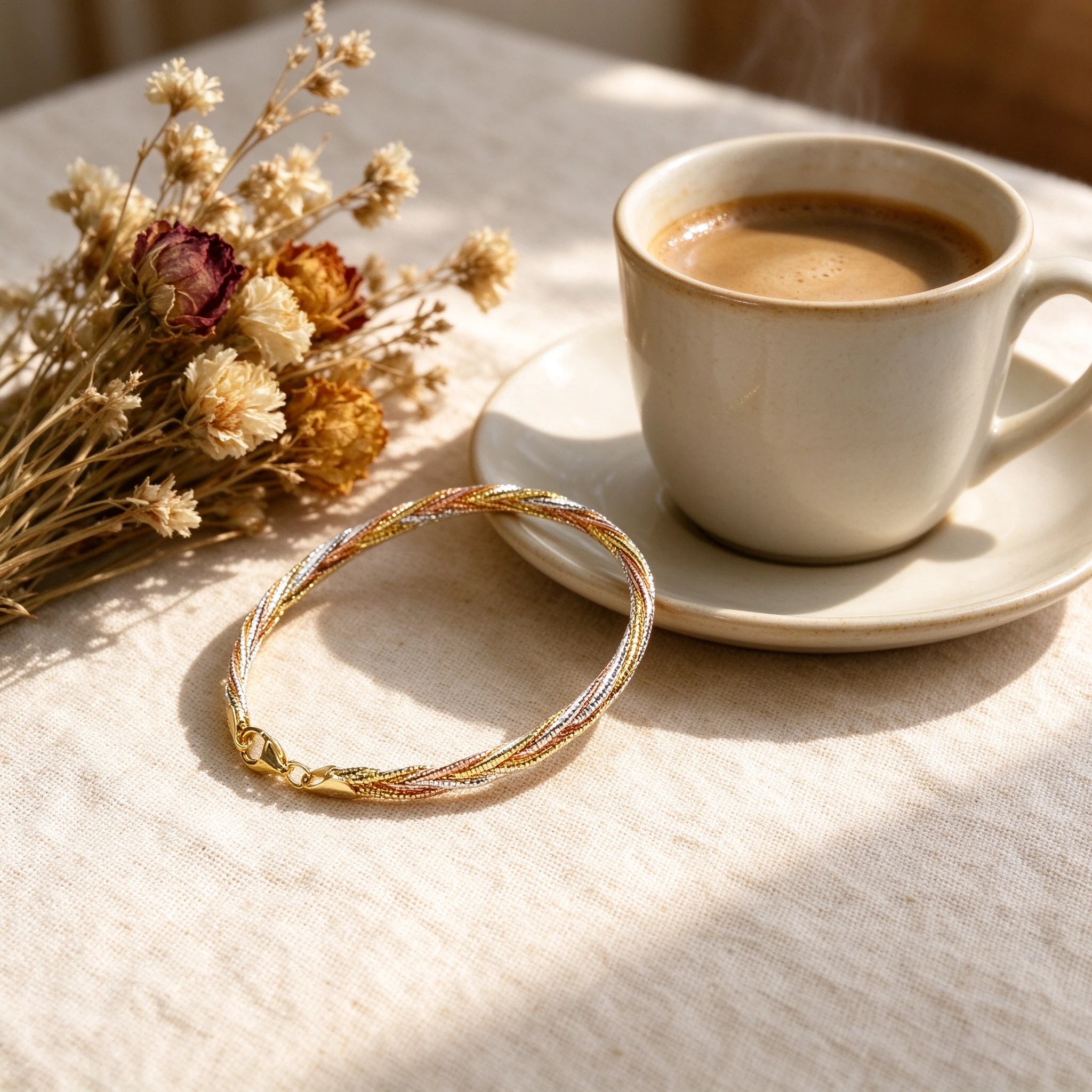 Woman wearing flat braided silver bracelet in soft morning light
