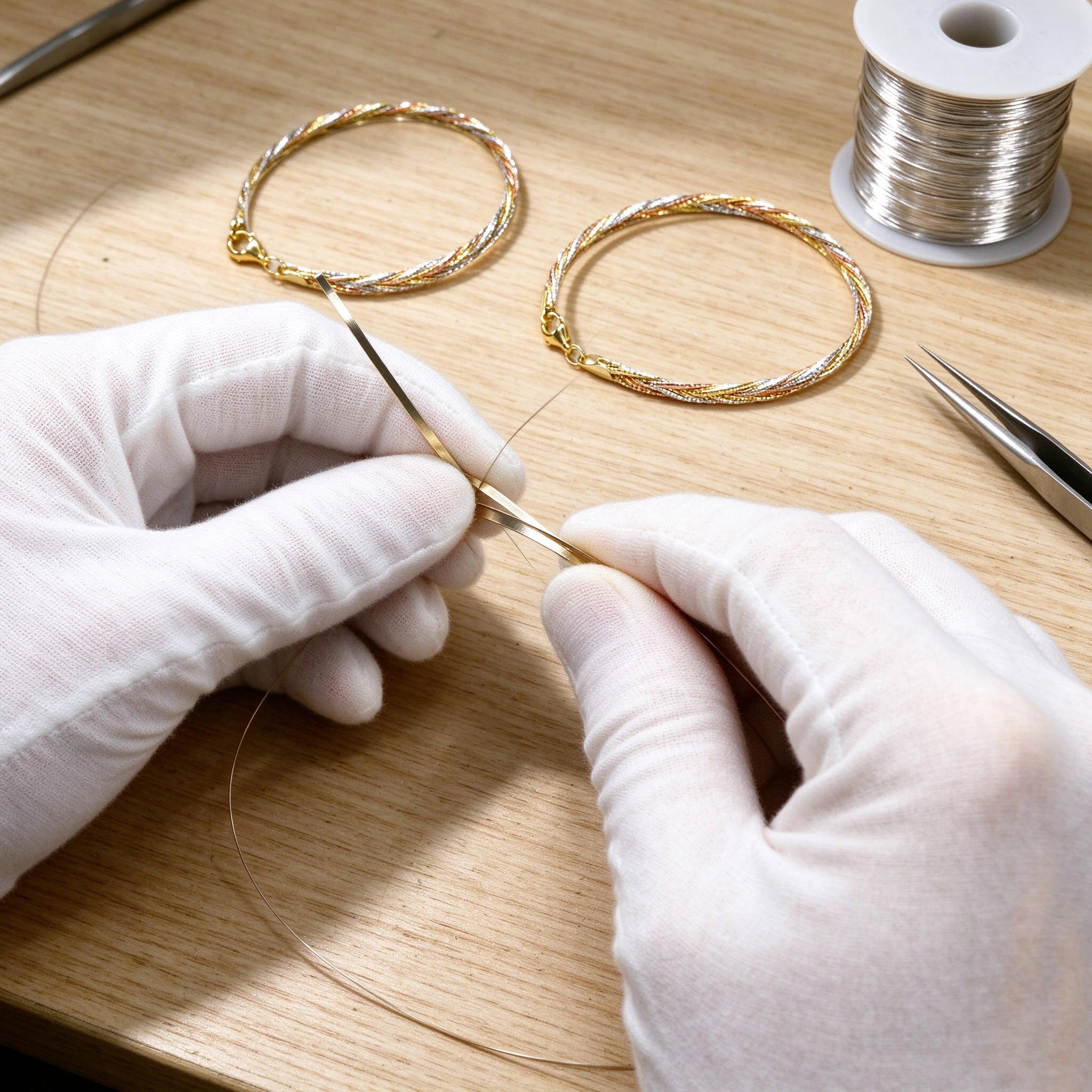 Artisan weaving flat braided silver bracelet strands at workbench