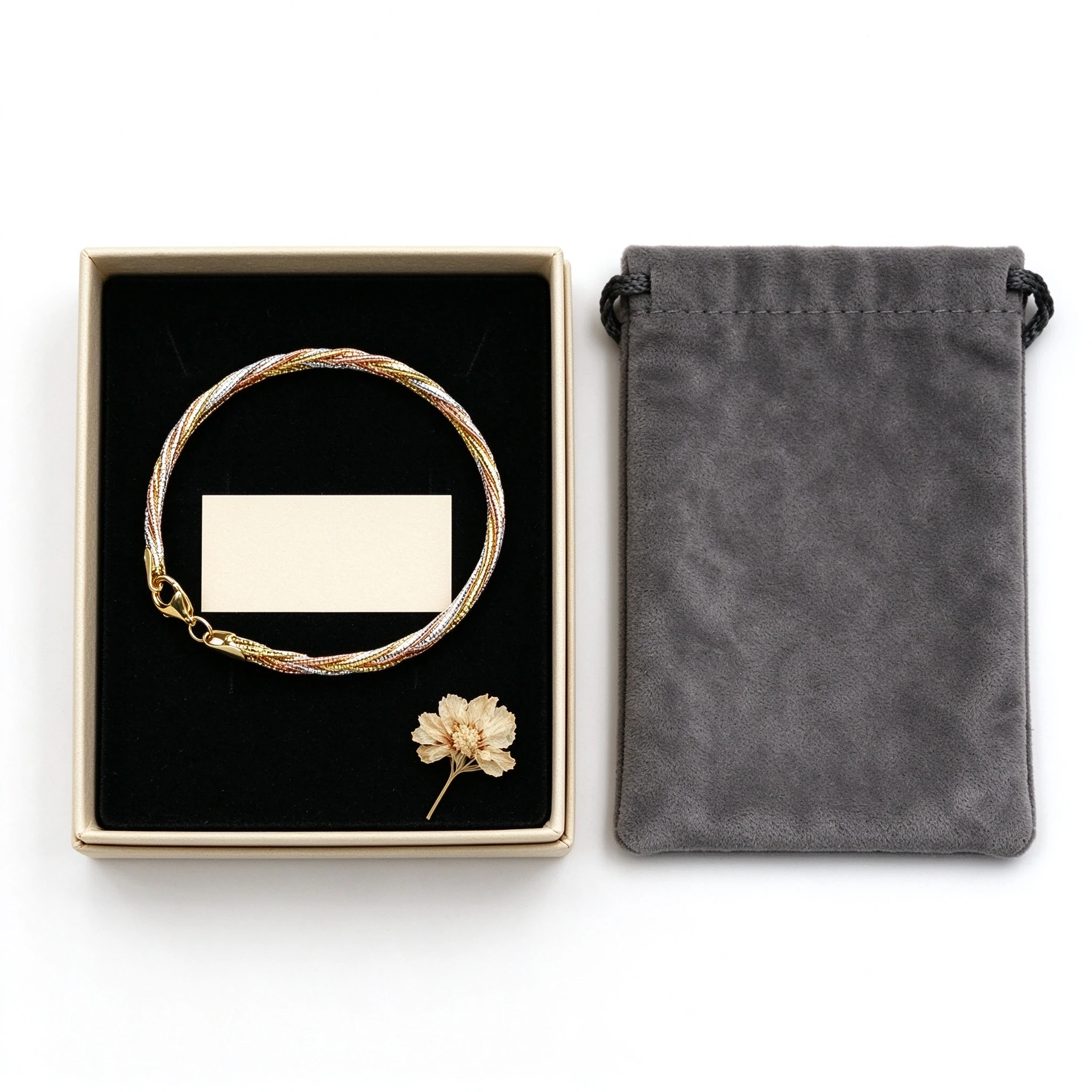 Gift box and velvet pouch for braided silver bracelet