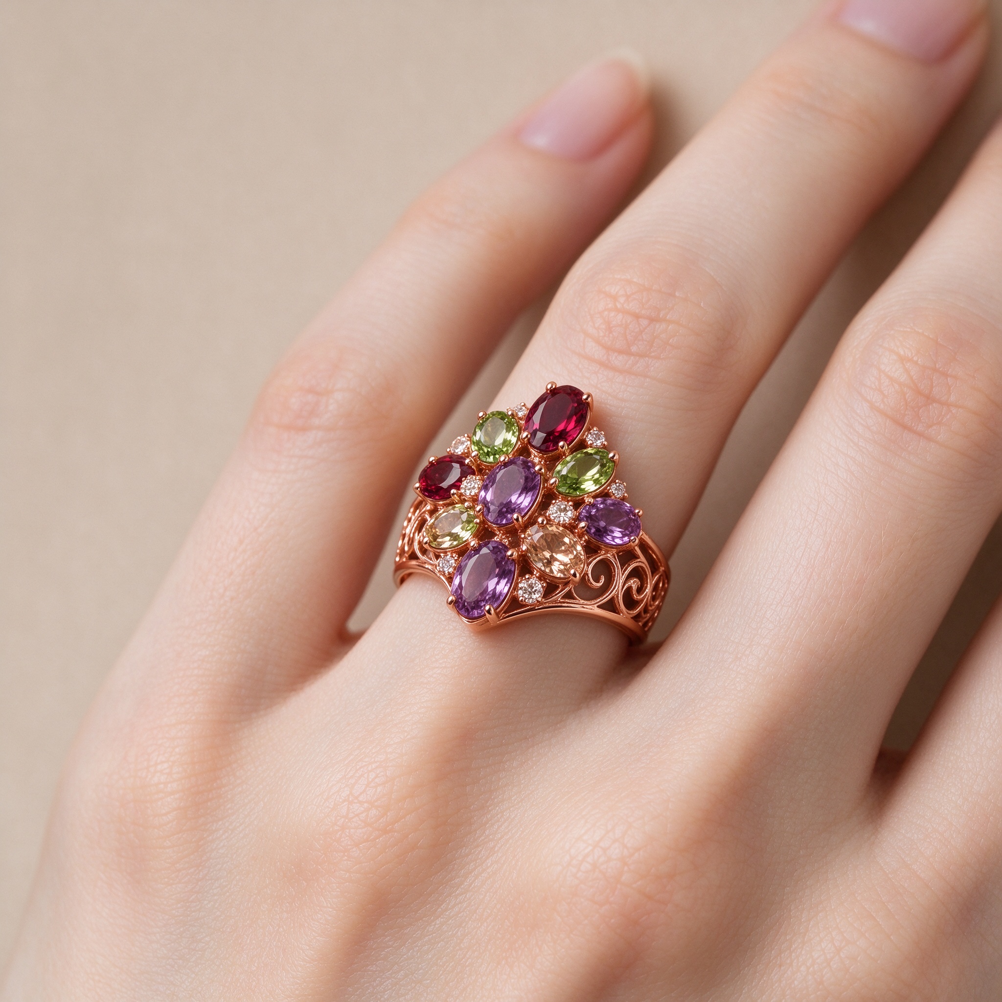 Model hand wearing colorful CZ cluster rose gold ring