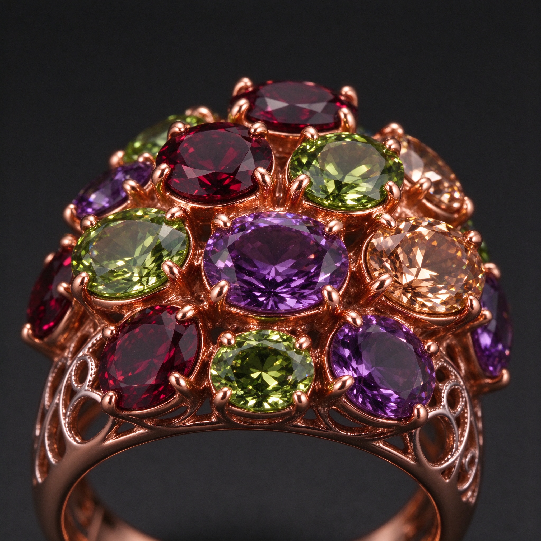 Macro close-up multicolor CZ stones prong set rose gold