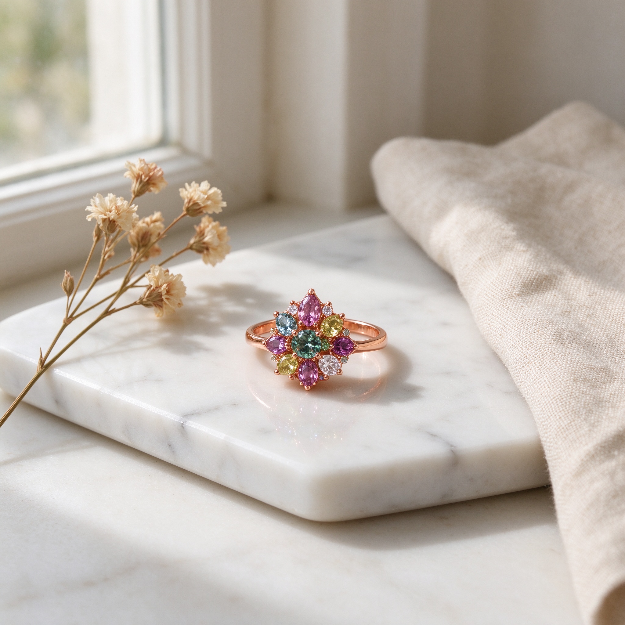 Colorful CZ cluster rose gold ring lifestyle scene