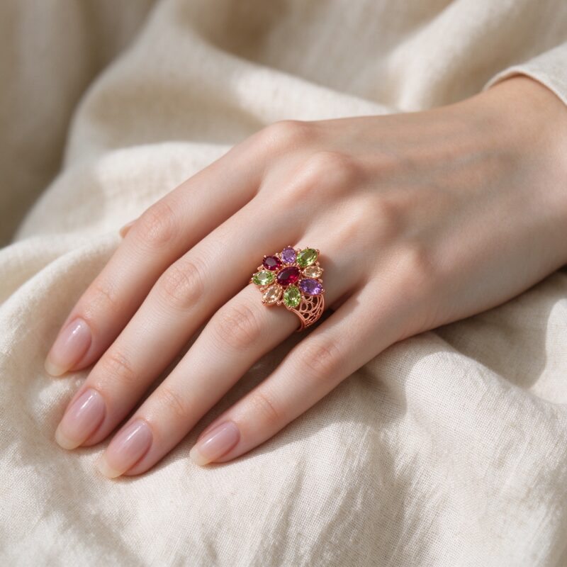 Model wearing colorful CZ cluster rose gold 925 silver ring