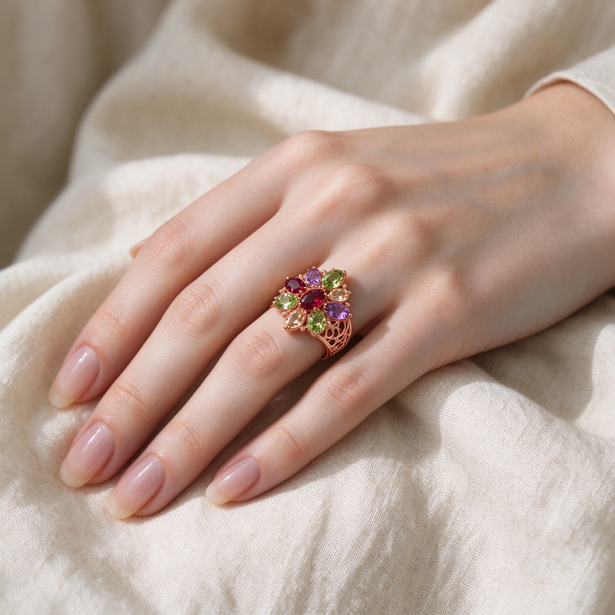 2026 Women's Colorful CZ Cluster Ring - 925 Sterling Silver Rose Gold Vermeil Vintage Cocktail Statement Ring, Gift for Her Party Prom