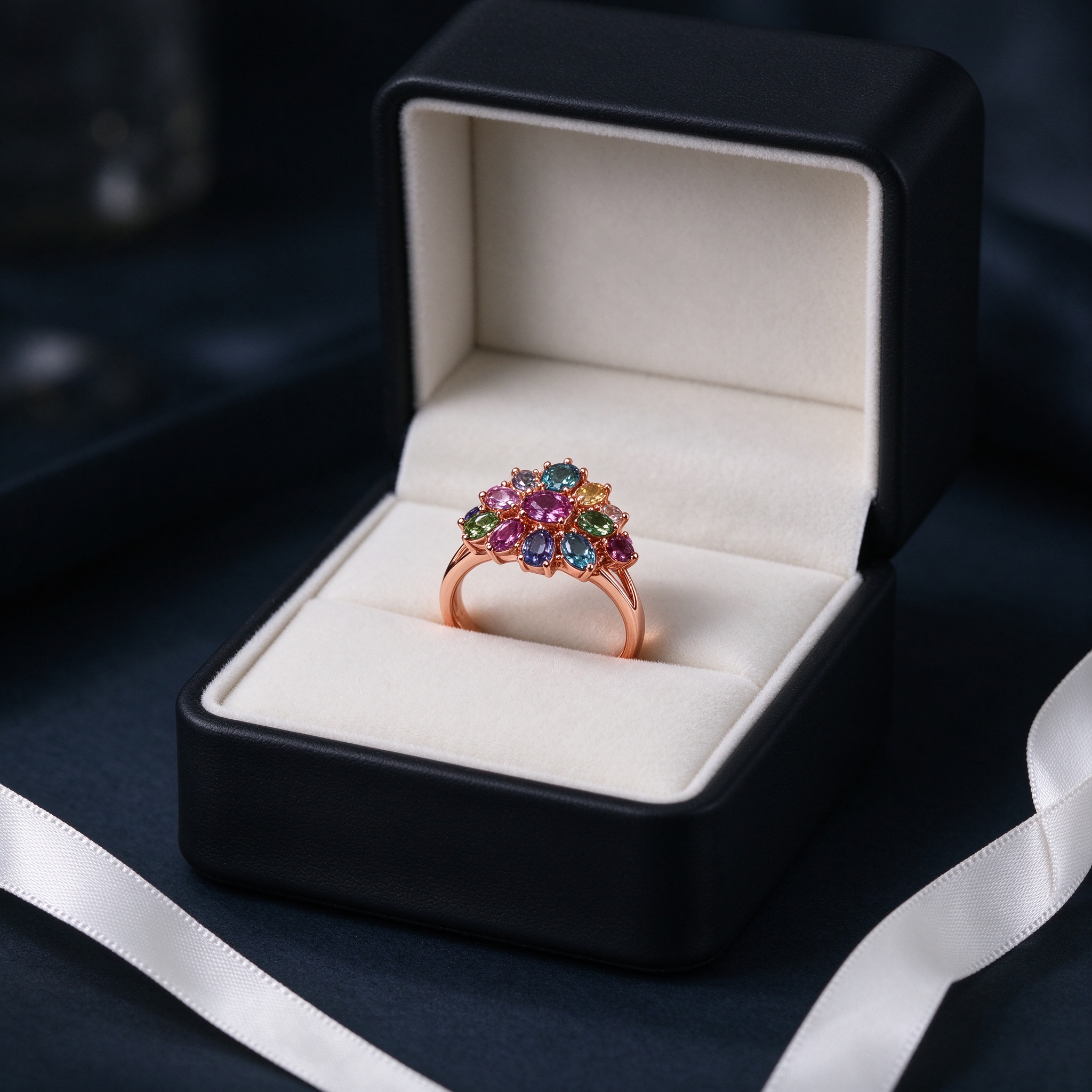 Colorful CZ cluster ring in luxury black gift box