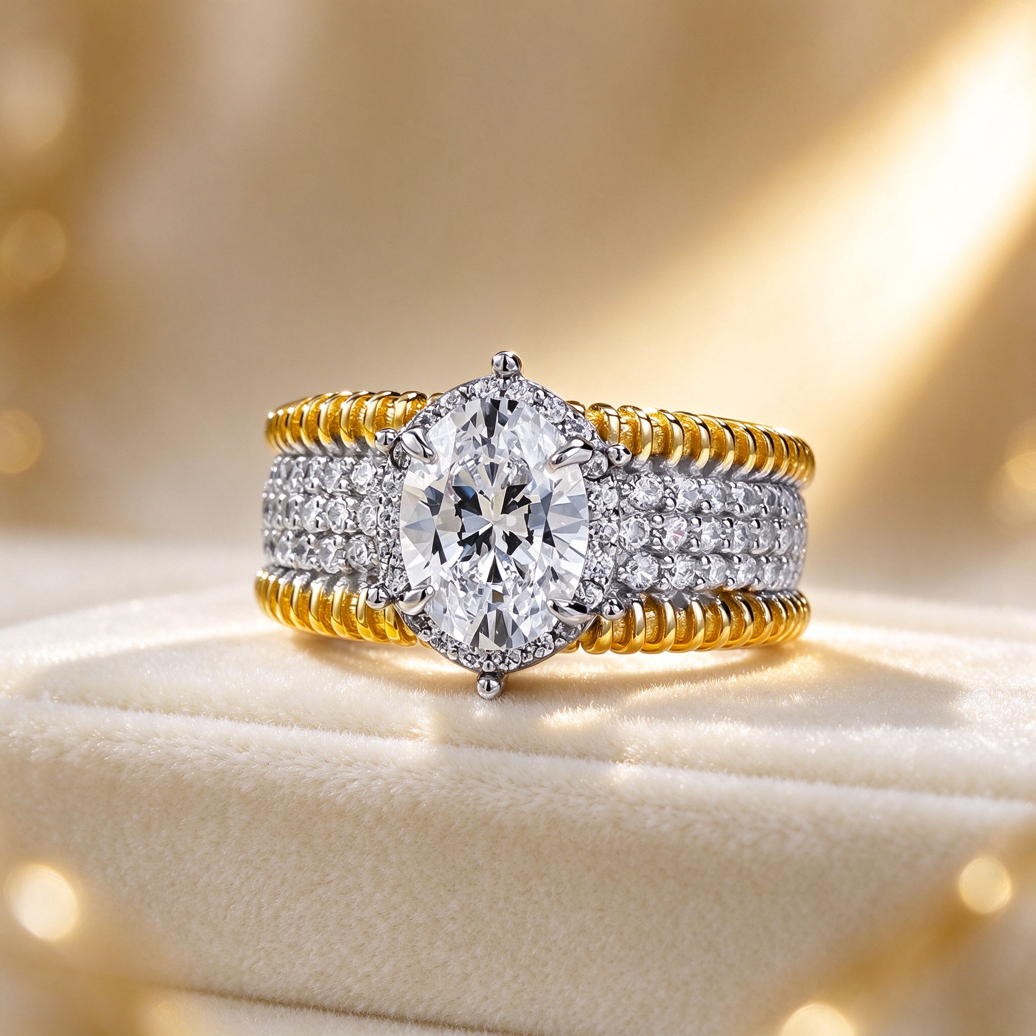 925 Sterling Silver Oval Solitaire Ring 6x8mm CZ Two-Tone Band - Hypoallergenic Gift for Her on velvet display