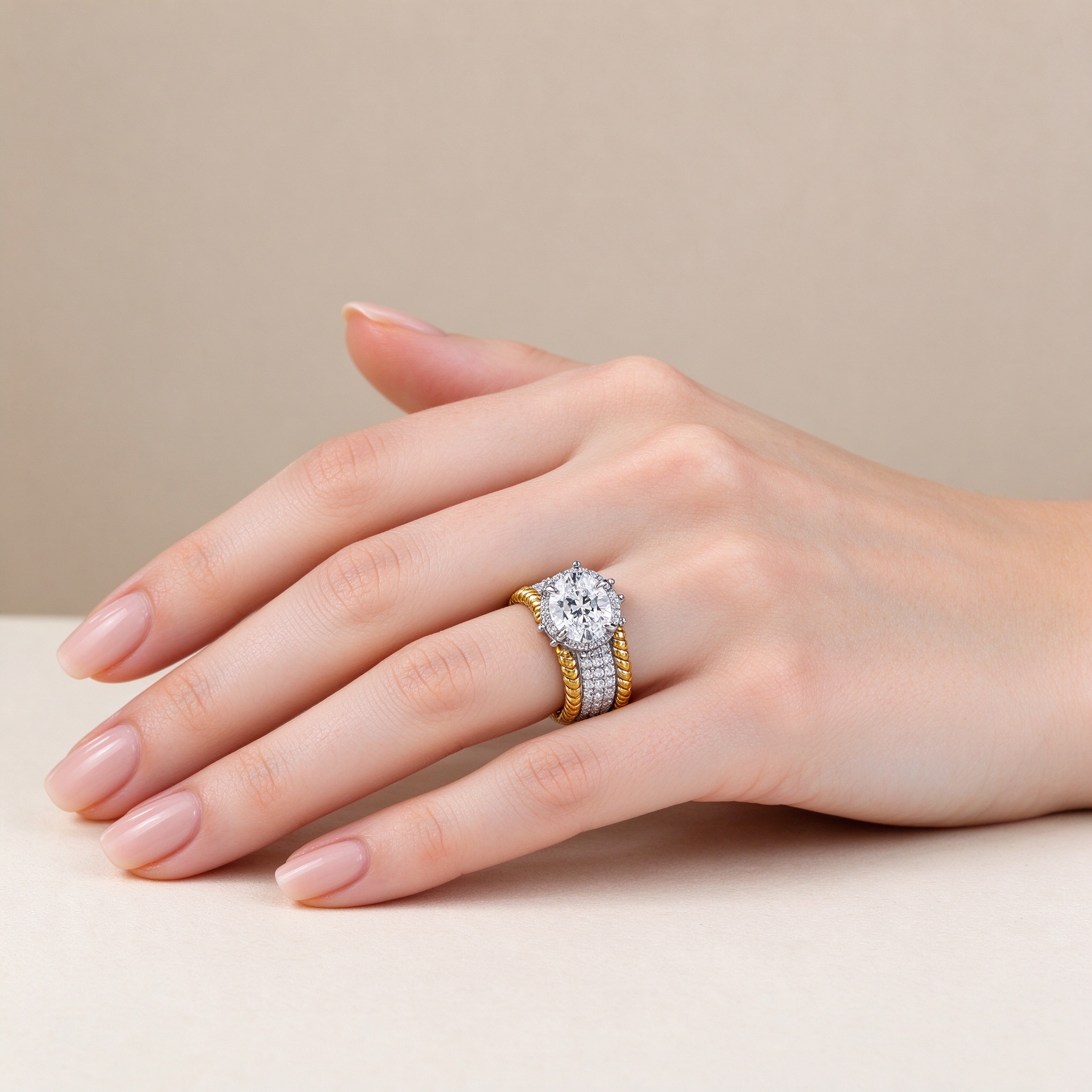 925 Sterling Silver Oval Solitaire Ring 6x8mm CZ Two-Tone Band - Hypoallergenic Gift for Her worn on hand