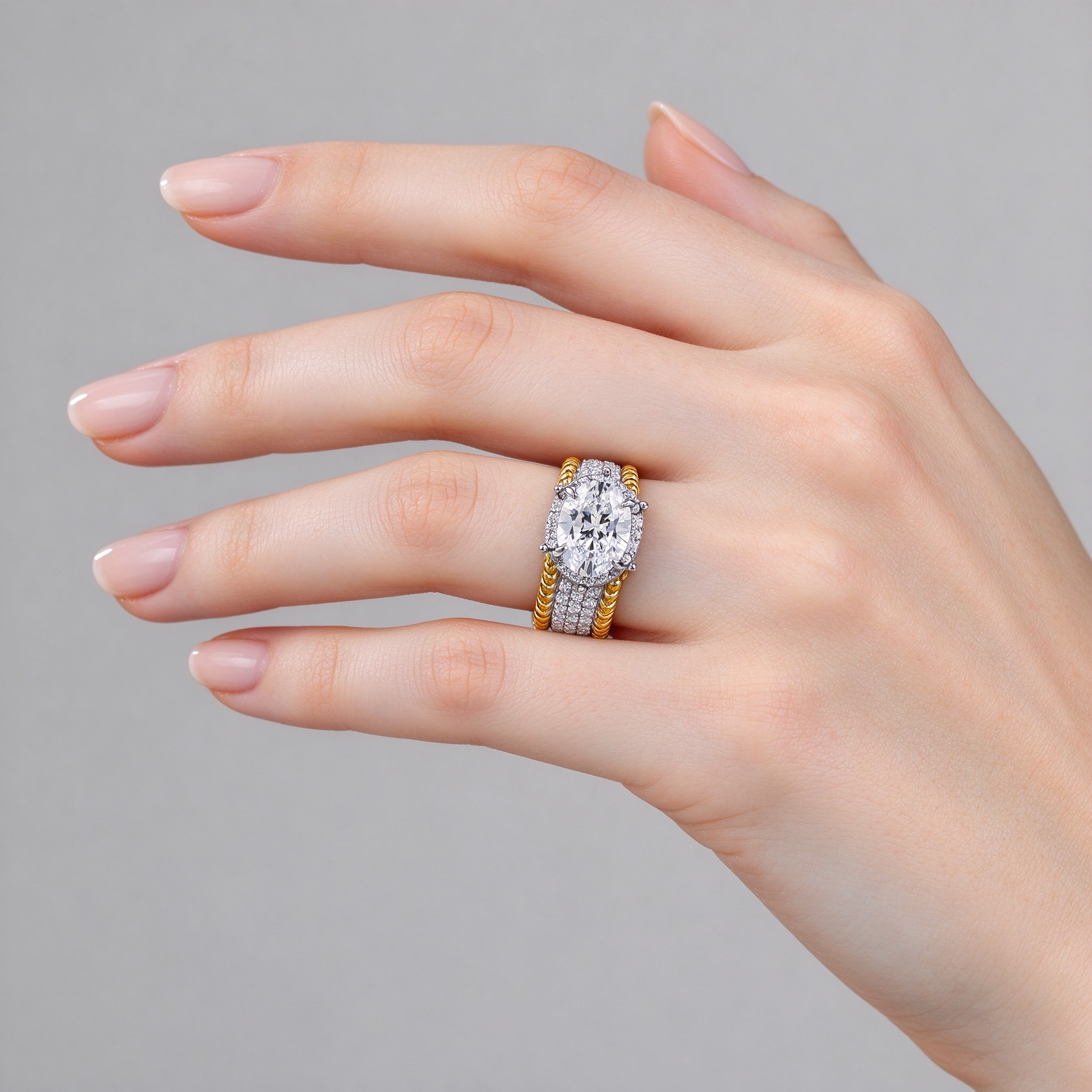 925 Sterling Silver Oval Solitaire Ring 6x8mm CZ Two-Tone Band - Hypoallergenic Gift for Her side view on hand