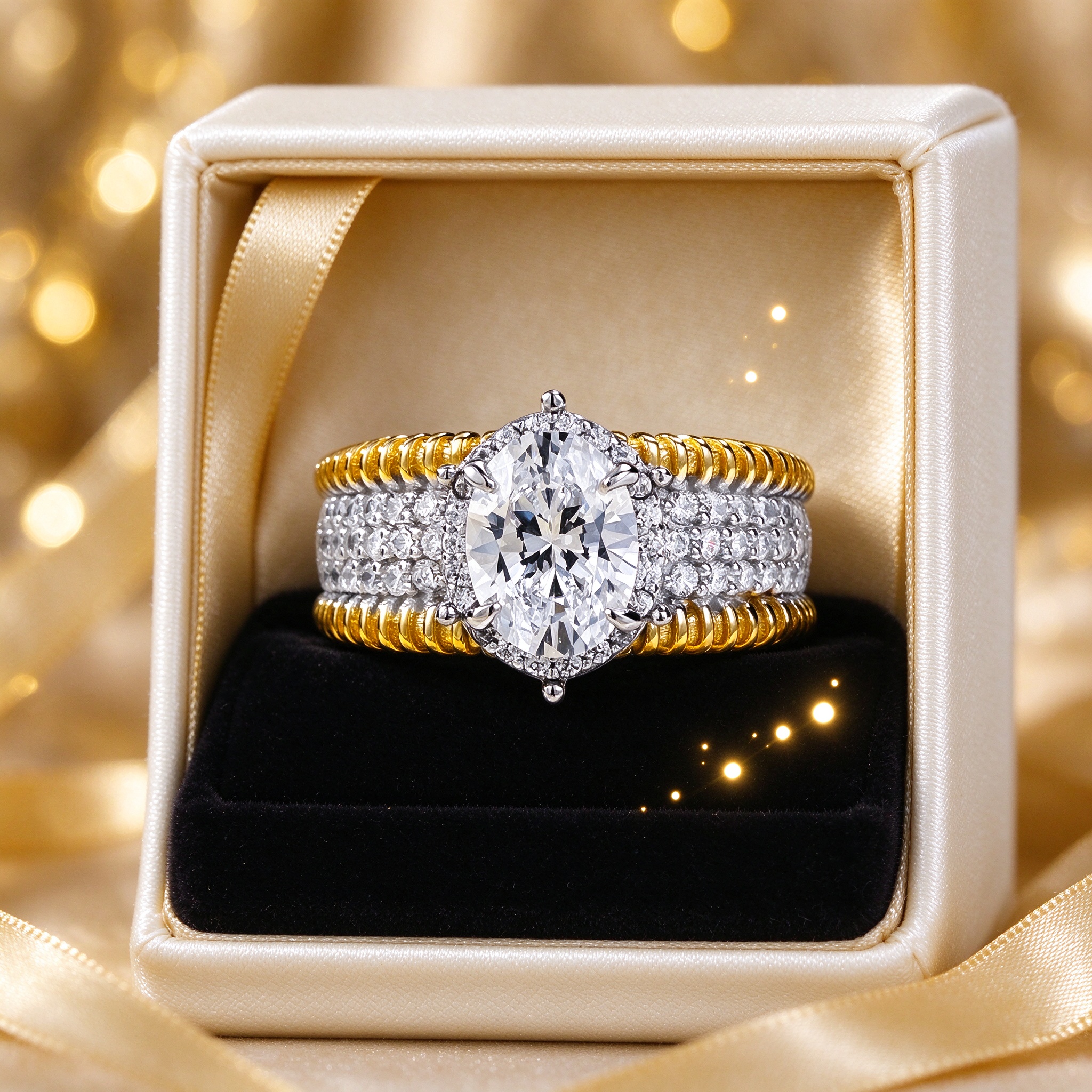 925 Sterling Silver Oval Solitaire Ring 6x8mm CZ Two-Tone Band - Hypoallergenic Gift for Her in luxury gift box