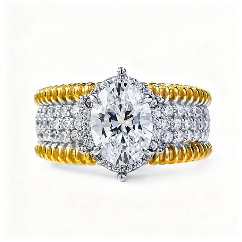 925 Sterling Silver Oval Solitaire Ring 6x8mm CZ Two-Tone Band - Hypoallergenic Gift for Her